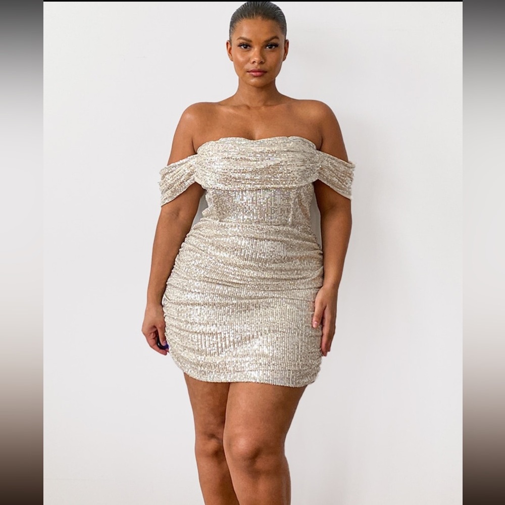 Champagne Sequin Bardot Bodycon Dress